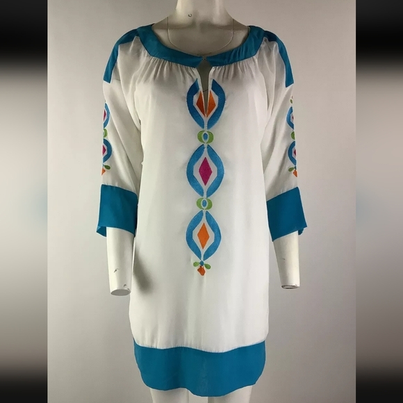 Gretchen Scott Sz XL Embroidered Tunic Dress White Blue Polyester Swim Pullover - Picture 9 of 9